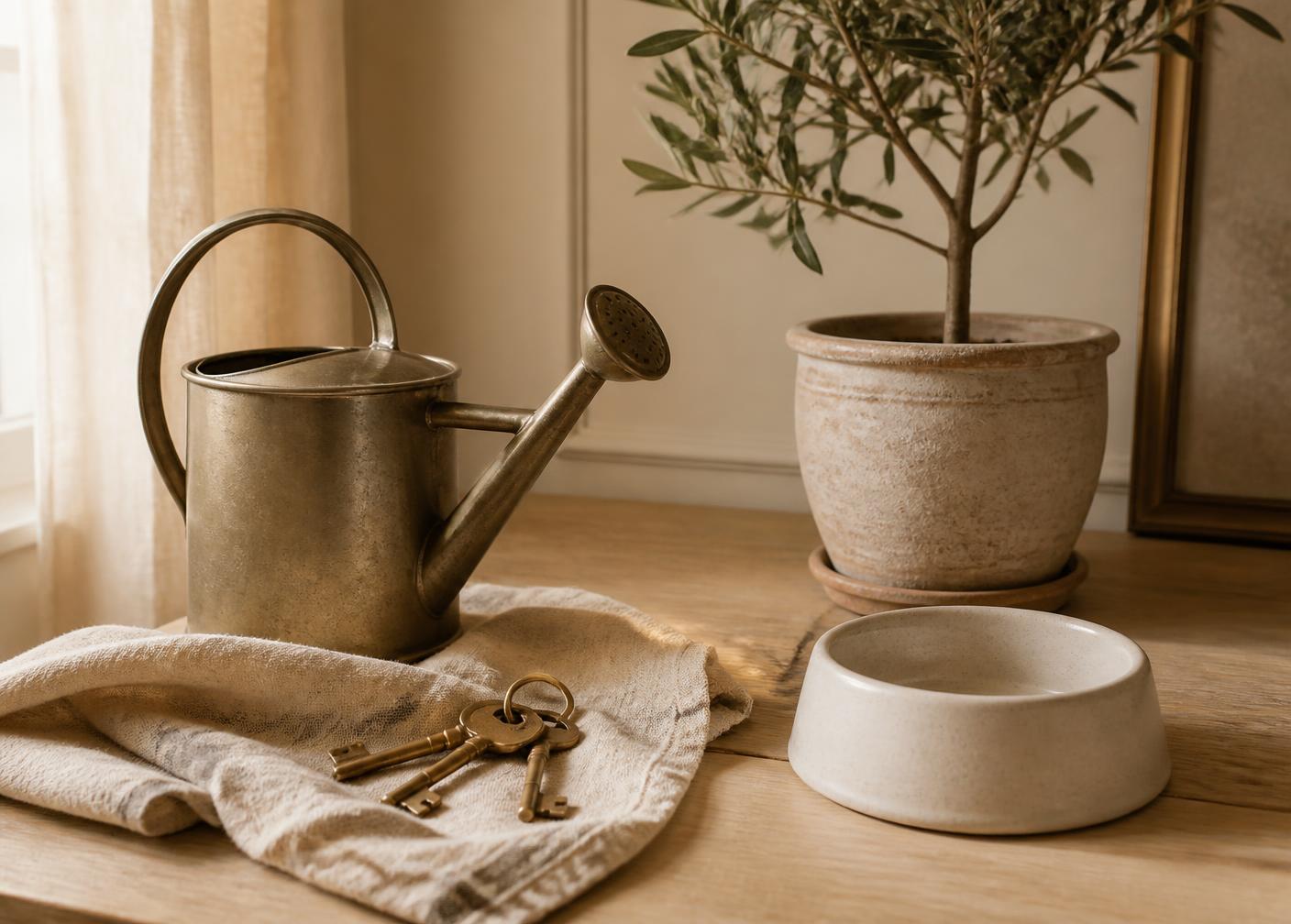 A watering can, brass keys and a ceramic pet bowl on a pale oak table